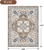 Rugflix 9x12 Area Rug for Living Room, Machine Washable Area Rugs with Non-Slip Backing, Large Soft Boho Vintage Rug for Bedroom, Dining Room, Low Pile Carpet, Kids Pet Friendly, Brown Beige
