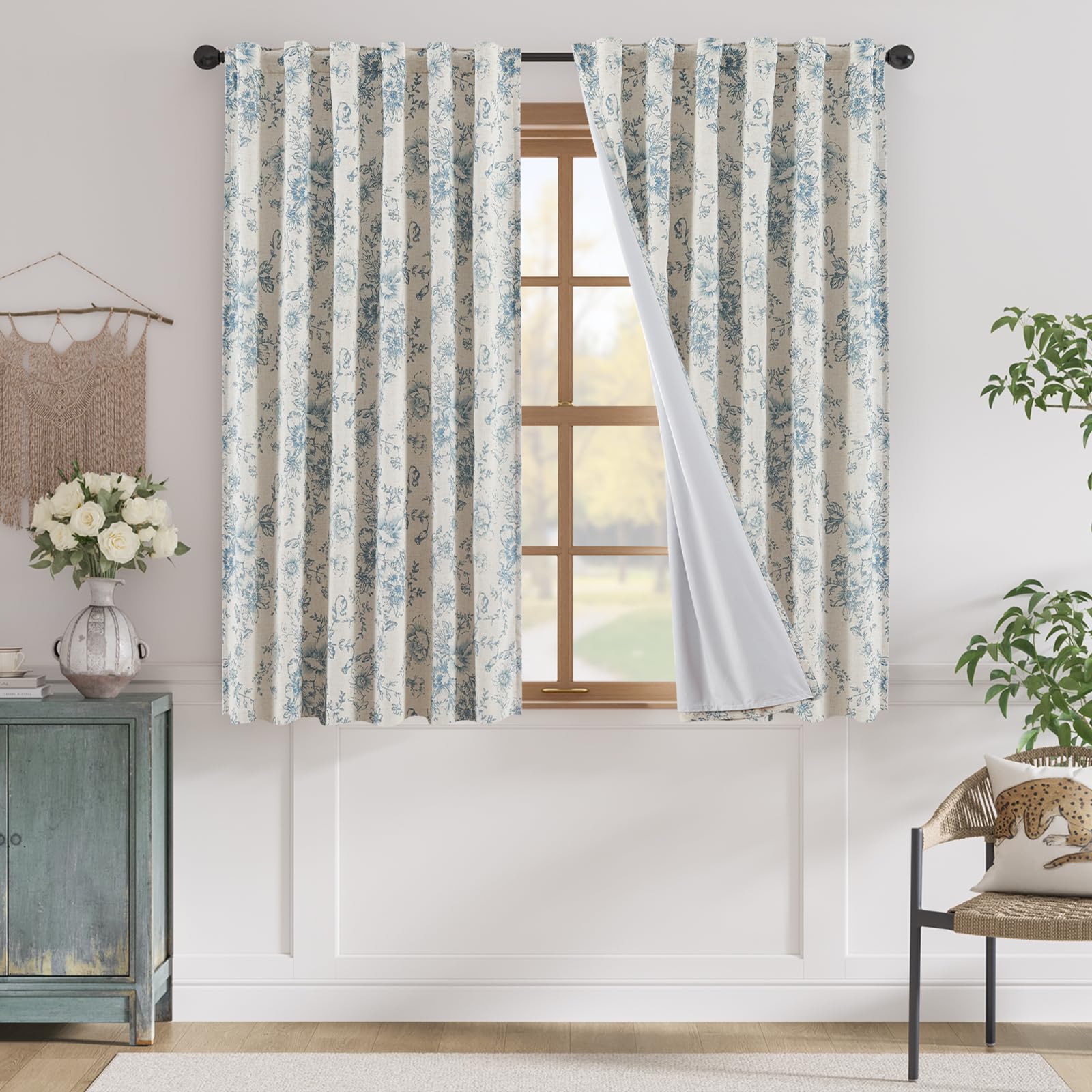 jinchan Floral Linen Blackout Curtains for Bedroom 63 Inches Long