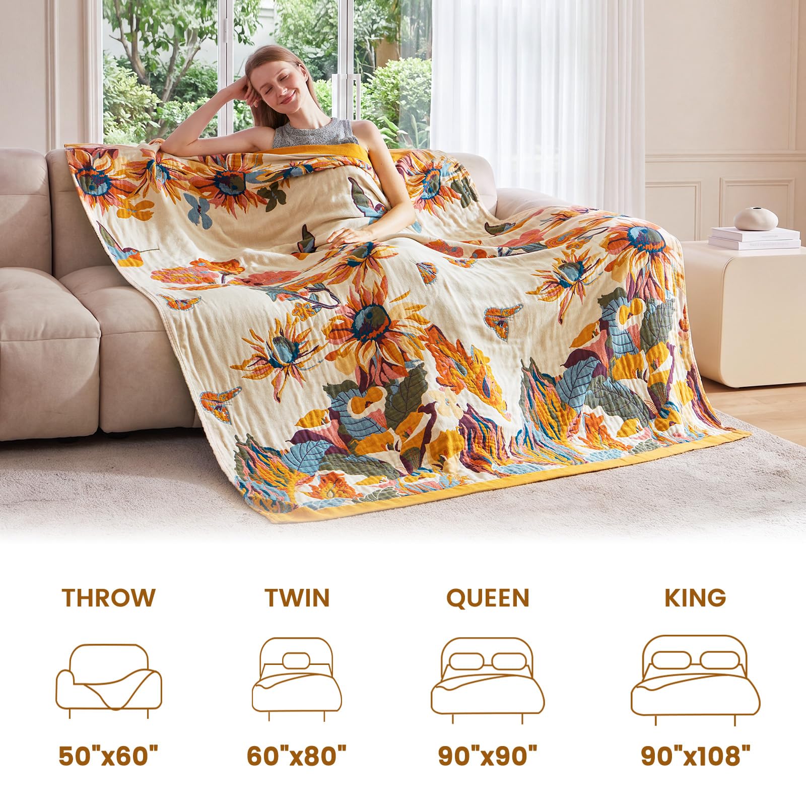 MSGKV Boho Throw Blanket 90"x90" Cotton Blanket for Bed, Queen Size Throw