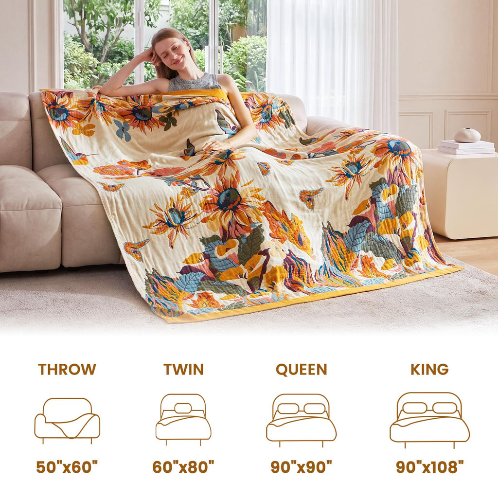 MSGKV Boho Throw Blanket 50"x60" Cotton Throw for Couch Sofa, Floral Quilt