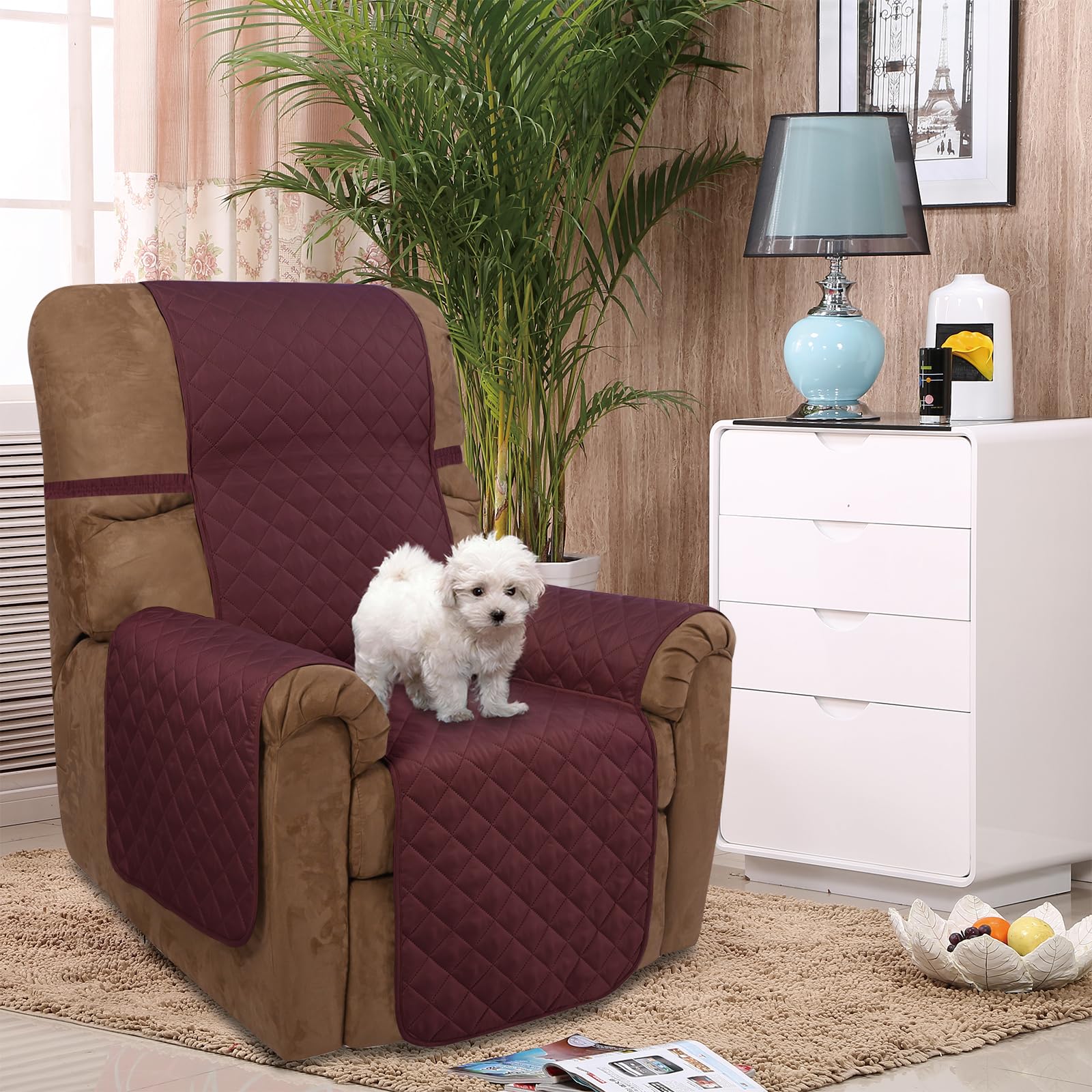 U-NICE HOME Reversible Recliner Chair Covers, Burgundy/Tan