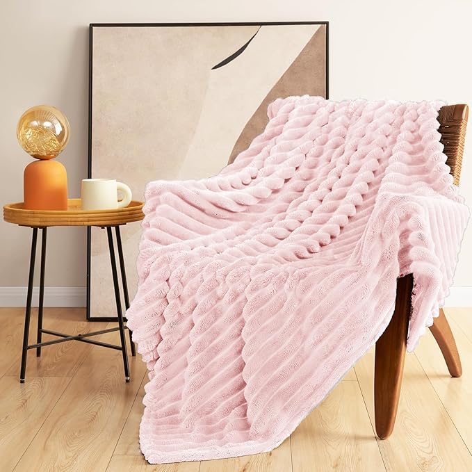 HIMEET Pink Queen Size Blanket for Bed, 300GSM Ribbed Fleece, 90 x 90 in