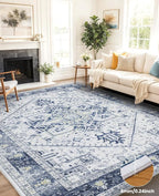 AMADA HOMEFURNISHING Washable Area Rug, Low-Profile Large Area Rug with Non-Slip Backing & Durable Edge Binding, Vintage Large Rugs for Living Room, Bedroom, Dinning Room, 8x10, Navy Blue/White