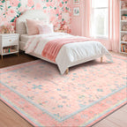 Hazo Haus Pink and Blue Washable 5x8 Living Room Rugs, Boho Aethestic Oushak Vintage Area Rug for Bedroom Girls Kids Playroom Nursery Room, Non-Slip Rubber Backing Stain Resistant