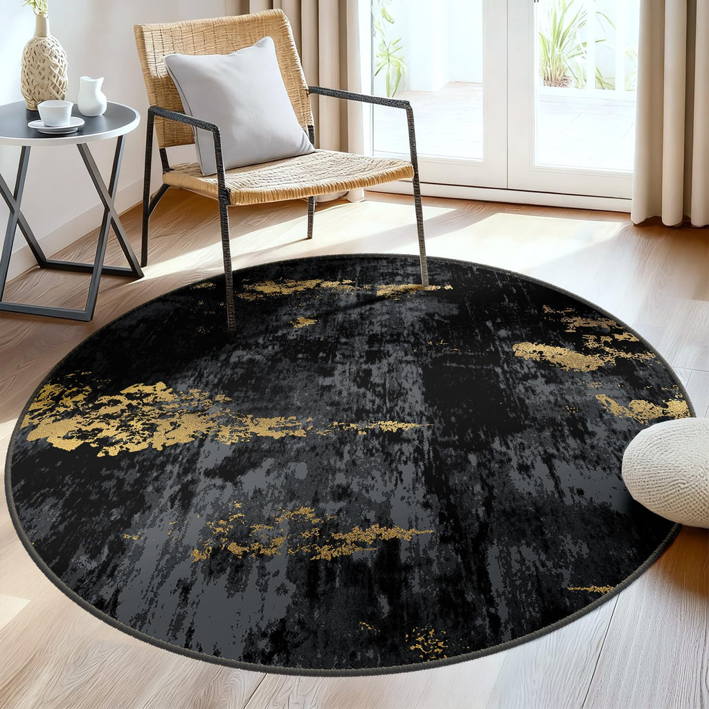 RELEANY Washable Round 6ft Area Rug for Living Room Black Gold