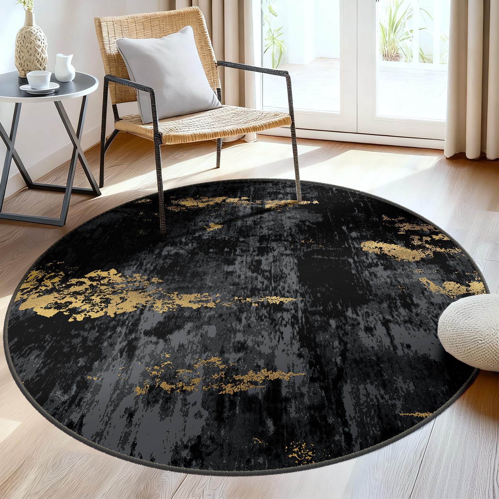 RELEANY Washable Round 6ft Area Rug for Living Room Black Gold