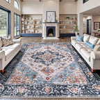 SERISSA Washable Rugs 9x12 Area Rugs, Large Non-Slip Blue Orange Living Room Rug, Ultra Soft Boho Vintage Print Distressed Oriental Farmhouse Carpet for Dining Room Bedroom Dorm Office Home Decor