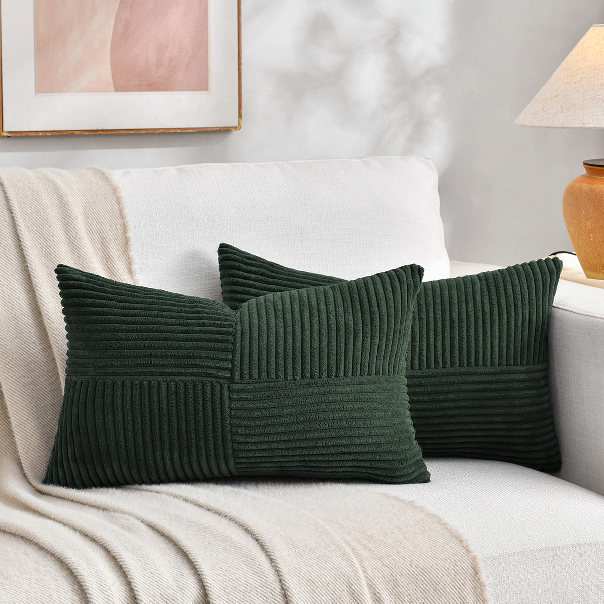 Fancy Homi 2 Packs Navy Blue Lumbar Decorative Throw Pillow Covers 16x26 Inch for Living Room Couch Bed Sofa, Farmhouse Home Decor, Soft Striped Corduroy Rectangle Accent Cushion Case 65x40 cm