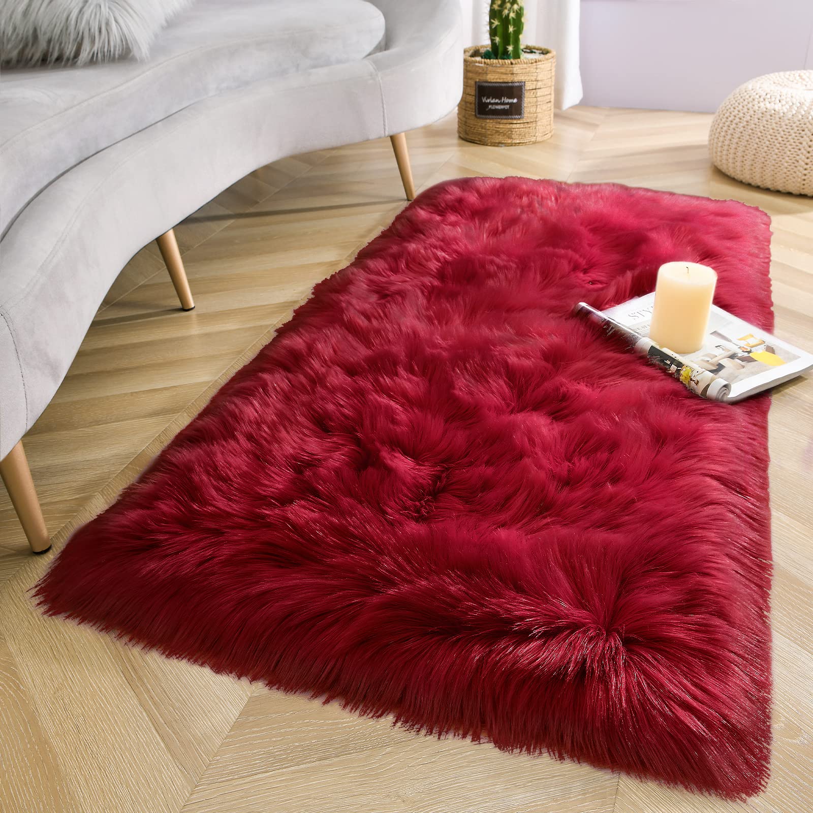 LOCHAS Soft Fluffy Faux Fur Rugs for Bedroom Bedside Rug 2x4 Feet, Red