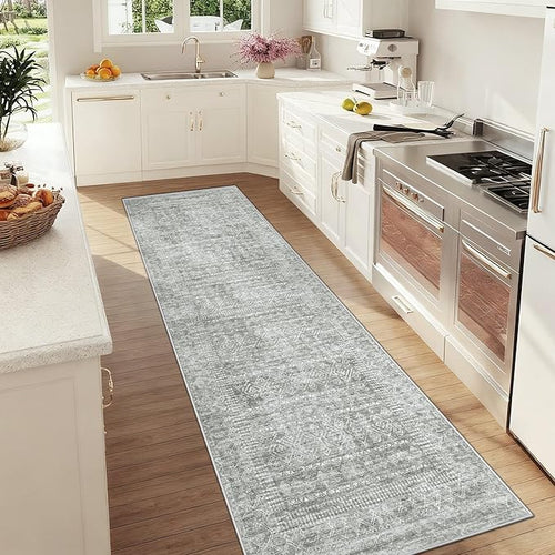 2x8 Washable Runner Rug: Moroccan Geometric Boho Rug Farmhouse Non Slip Stain Resistant Rugs Low Pile Soft Carpet for Porch Kitchen Laundry Room Living Room Bedroom (Grey,2'x8')