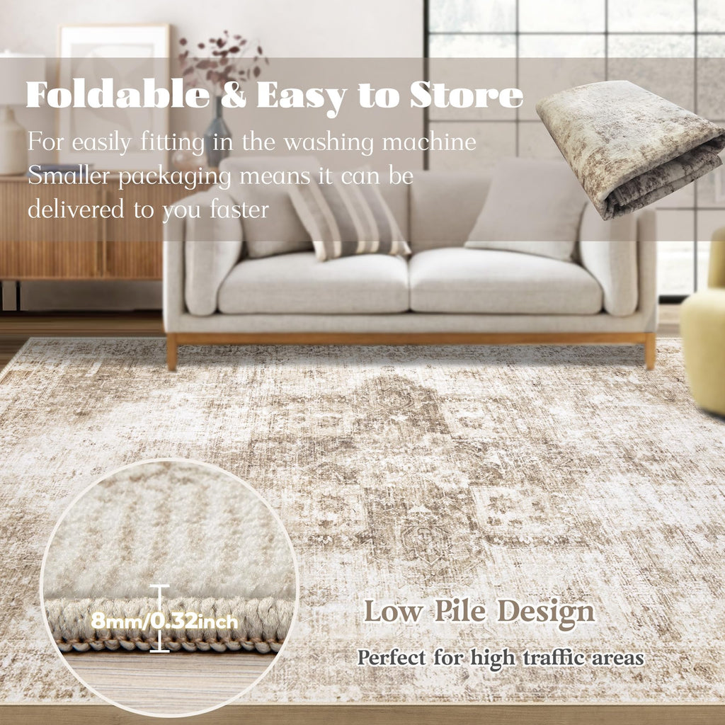 VECARF Area Rug 8x10 Washable Rug, Vintage Boho Medallion Rugs Non-Slip Soft Low Pile Large Distressed Rug Indoor Retro Carpet for Living Room Bedroom Dining Room Home Office (Brown, 8'x10')