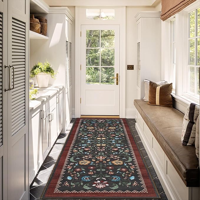 GarveeHome Floral Rug 2.5x10 Runners for Hallways, Boho Kitchen Runner Rugs Non Slip Bath Runners, Vintage Washable Runner Rug for Bedroom, Soft Long Rugs for Entryway Bathroom Laundry Dorm, Red