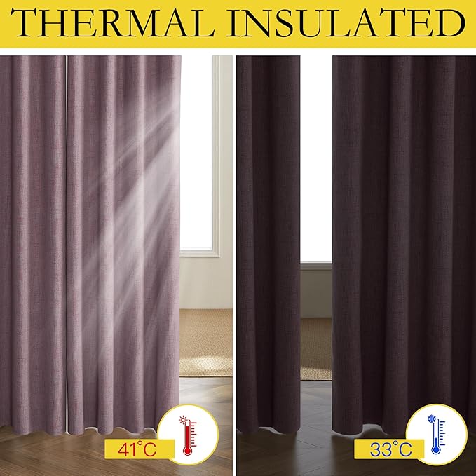 NICETOWN Chaise Mauve Vintage Linen 100% Blackout Curtains for Living Room, Thermal Insulated Curtains 90" Long, Noise Reducing Window Treatment Drapes for Home Cinema, 52" Wide Per Panel, Set of 2