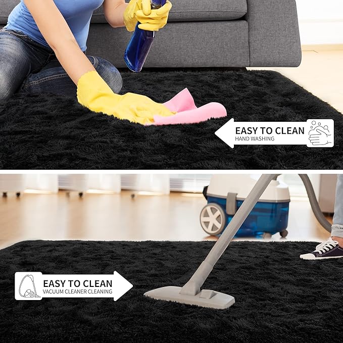 Tepook Super Soft Fluffy Rug for Bedroom, Modern Shaggy Fuzzy Kids Rugs for Living Room, Plush Indoor Nursery Home Decor Dorm Carpet with Non-Slip Bottom, Black, 5 X 8 Feet