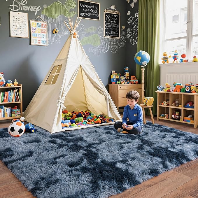 Pionblank 9x12 Area Rug, Large Area Rug for Living Room, Shag Rug for Bedroom, Soft Furry Non Slip Carpet for Kids Room Nursery Teens Dorm Home Decor, Blue Grey
