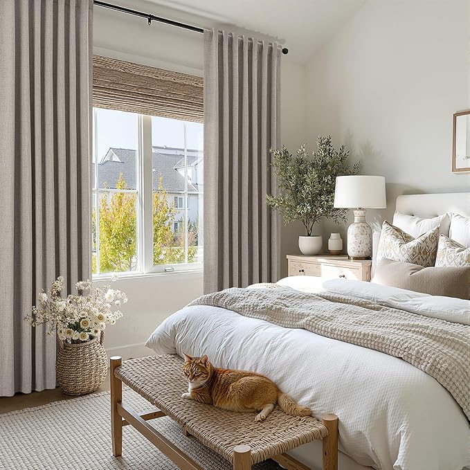 MIULEE 100% Blackout Linen Curtains for Bedroom, Greige Solid Luxury Decor Thermal Insulation Room Darkening Drapes for Living Room Nursery Back Tab Rod Pocket 42 x 63 Inches, 2 Panels