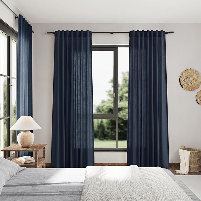 Nanspring Vintage Blue Linen Curtains 96 Inches Long 2 Panels Set for Living Room Bedroom Back Tab Rod Pocket Semi Sheer Light Filtering Drape for Bedroom Vintage Country Decor Protect Privacy 52x96