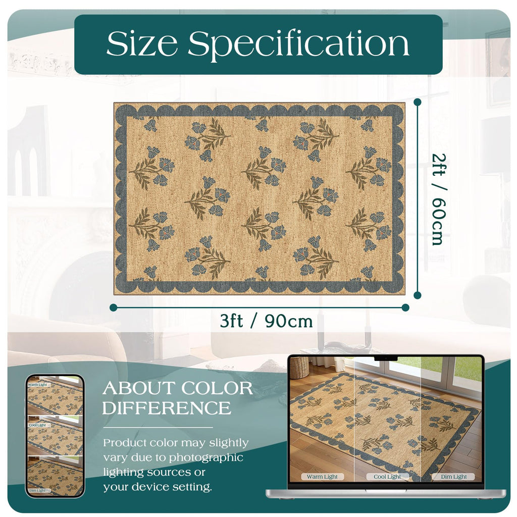 Othilic Front Door Mat Outside Entrance - 2x3 Floral Non-Slip Washable Doormat Indoor Outdoor Mat Jute-Look Farmhouse Blue Scalloped Entry Rug Small Throw Rugs for Entryway Kitchen Front Porch Decor