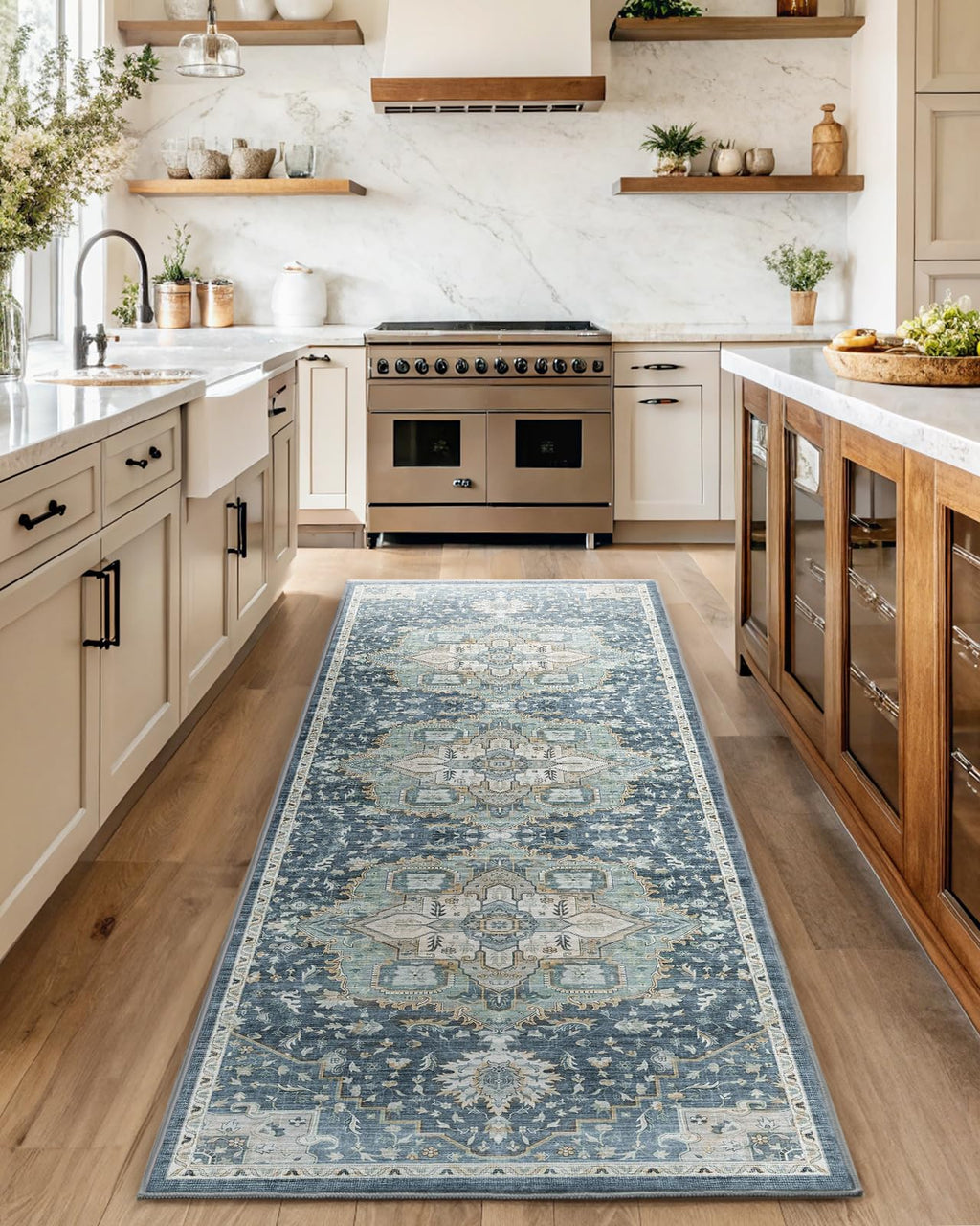 AMADA HOMEFURNISHING 2'6"x10' Washable Area Rug, Low-Profile Entryway Rug with Non-Slip Backing & Durable Edge Binding, Vintage Rug Pattern, Small Rugs for Entryway, Kitchen & Living Room