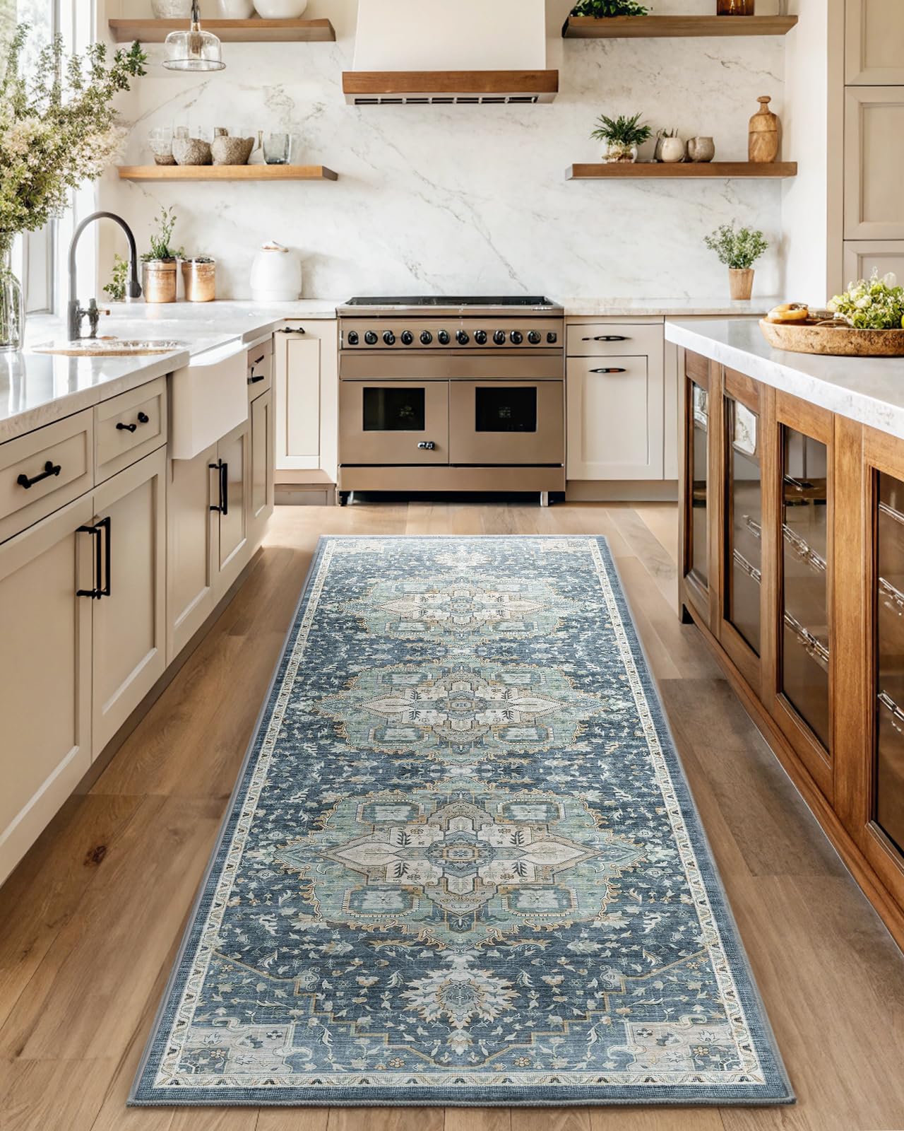 AMADA HOMEFURNISHING 2'6"x10' Washable Area Rug, Low-Profile Entryway Rug with Non-Slip Backing & Durable Edge Binding, Vintage Rug Pattern, Small Rugs for Entryway, Kitchen & Living Room