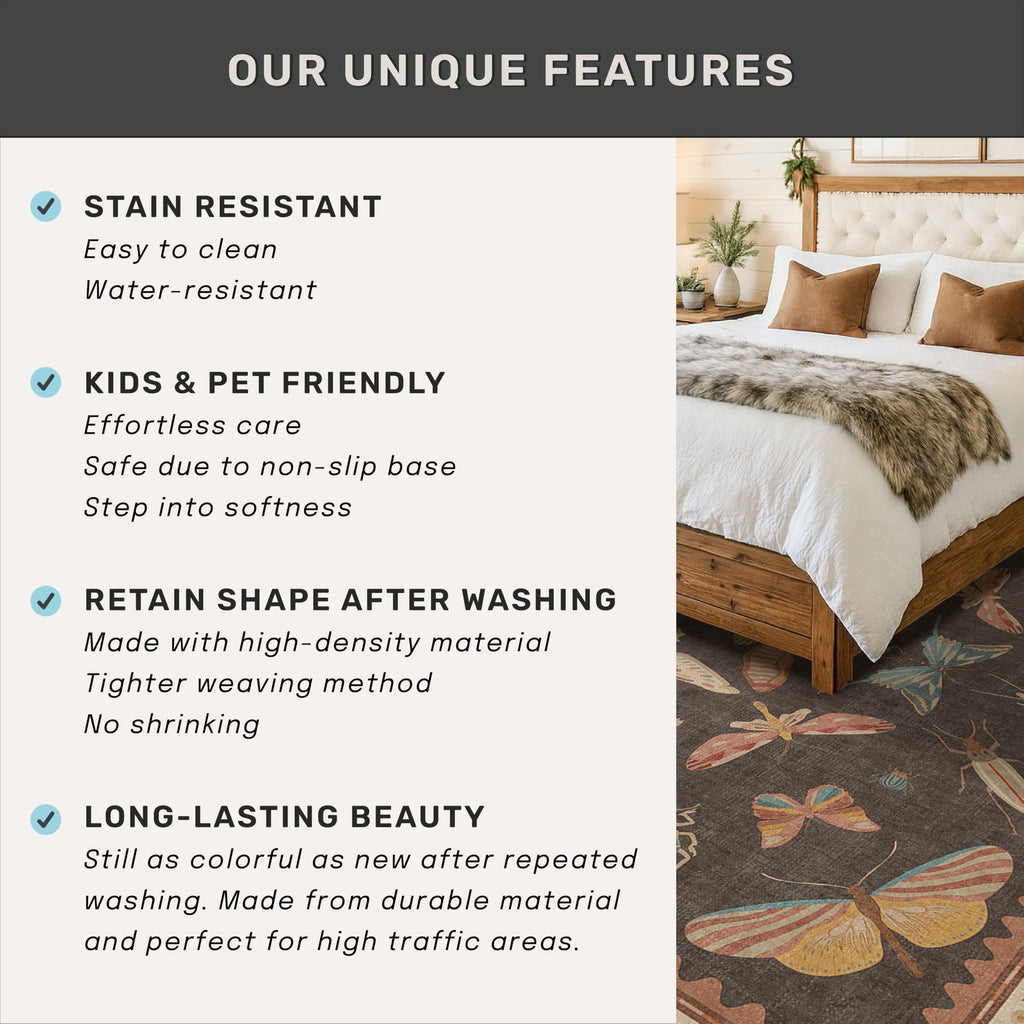 Dining Room Rugs for Under Table 6x9 - Washable Soft Rugs for Bedroom Aesthetic, Low Pile Stain Resistant Living Room Carpet, Vintage Insect Home Décor (Brown)