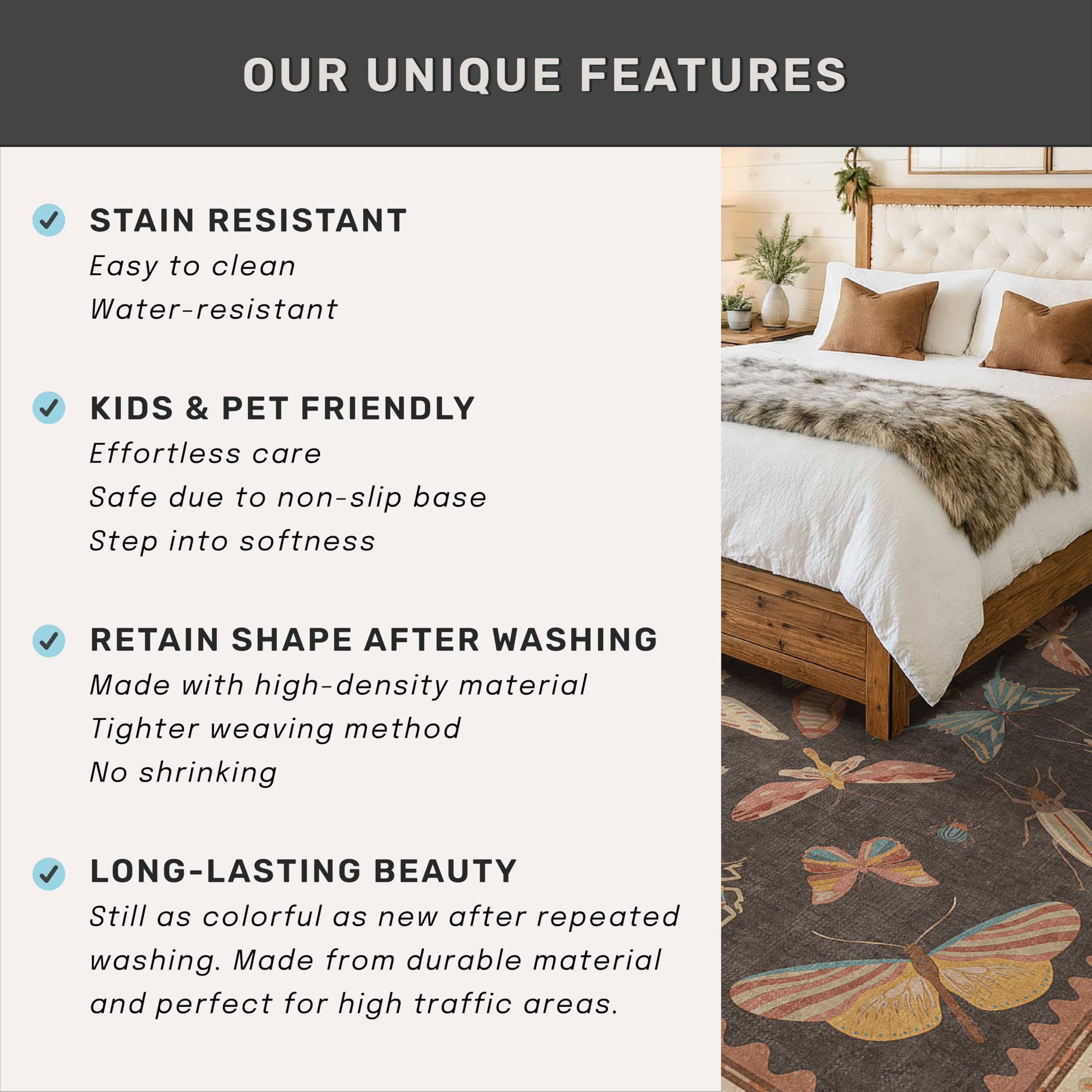 Dining Room Rugs for Under Table 6x9 - Washable Soft Rugs for Bedroom Aesthetic, Low Pile Stain Resistant Living Room Carpet, Vintage Insect Home Décor (Brown)
