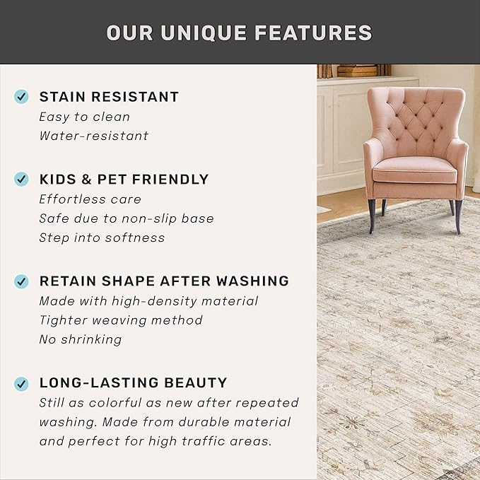 Hazo Haus Washable Ivory Living Room Rug, 8x10 Non Slip Area Rugs for Bedroom, Dinning Room Under Table Low Pile Neutral Farmhouse Vintage Foldable Decor