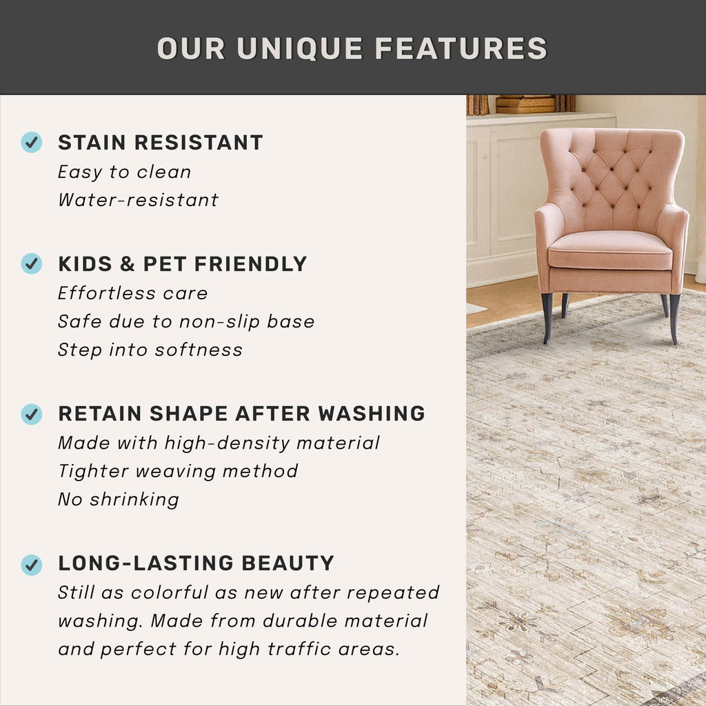Washable Ivory 5x7 Rug for Bedroom, Home Office, Non Slip Dinning Rugs for Under Table, Low Pile Neutral Farmhouse Retro Living Room Carpet