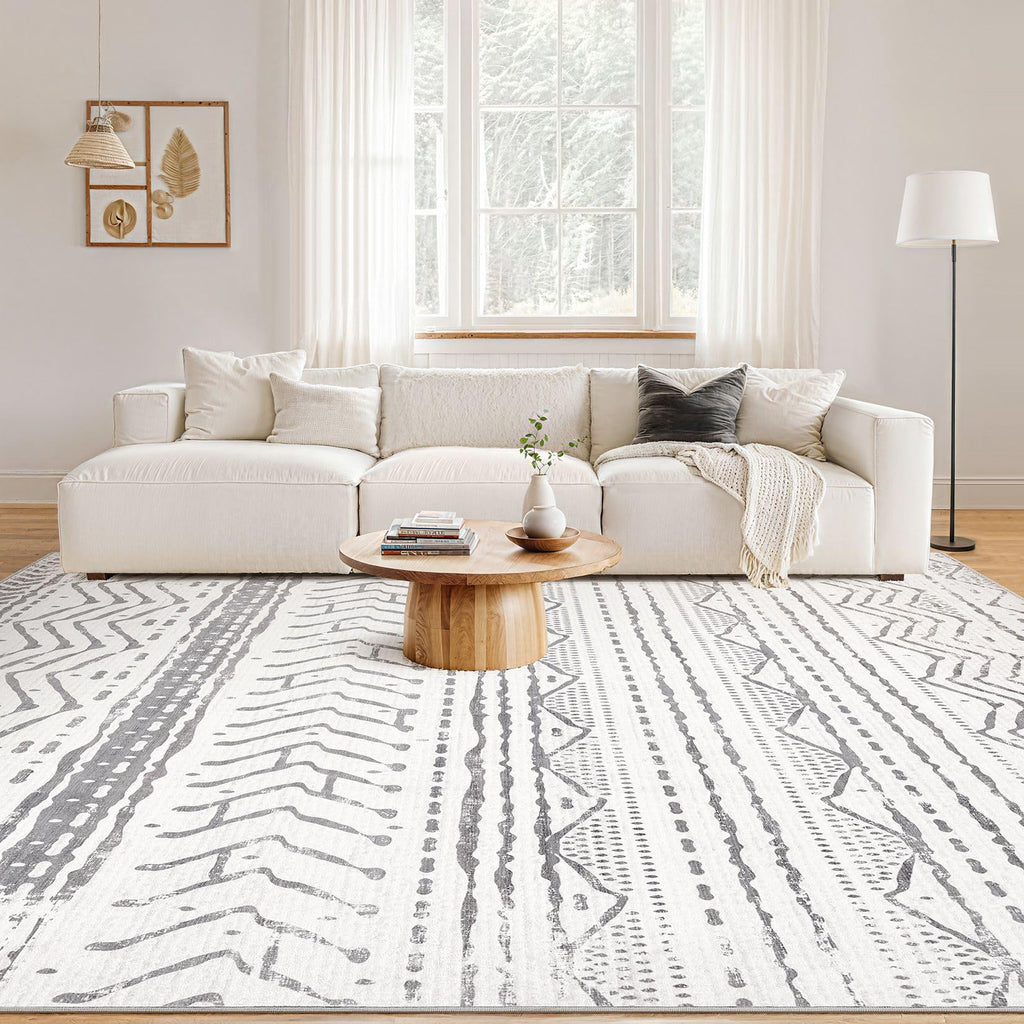 Nakagishi Area Rugs 9x12 Living Room: Washable Boho Large Neutral Modern Soft Farmhouse Rug Stain Resistant Indoor Non-Slip Accent Carpet for Bedroom Nursery Kids Playroom Office Dining Room- Gray