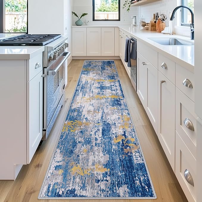 Washable Area Rugs 2'x8' Non-Slip Modern Abstract Soft for Living Room Entryway Bedroom Nursery, Print Pattern, Grey Blue Gold/Golden