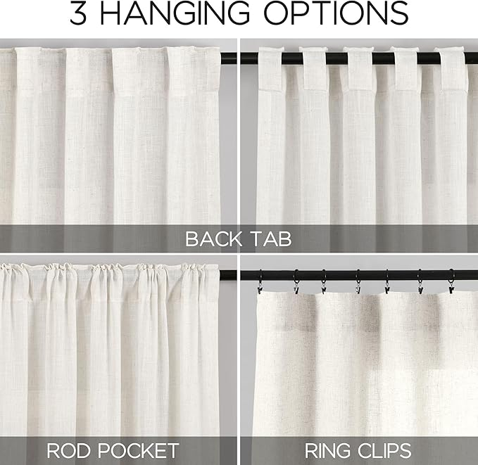 Beige White Linen Curtains for Living Room Extra Long 110 Inches Long Back Tab Light Filtering Semi Sheer Curtain Farmhouse Decor Floor to Ceiling High Window for Bedroom Office 52x110, 2 Panels