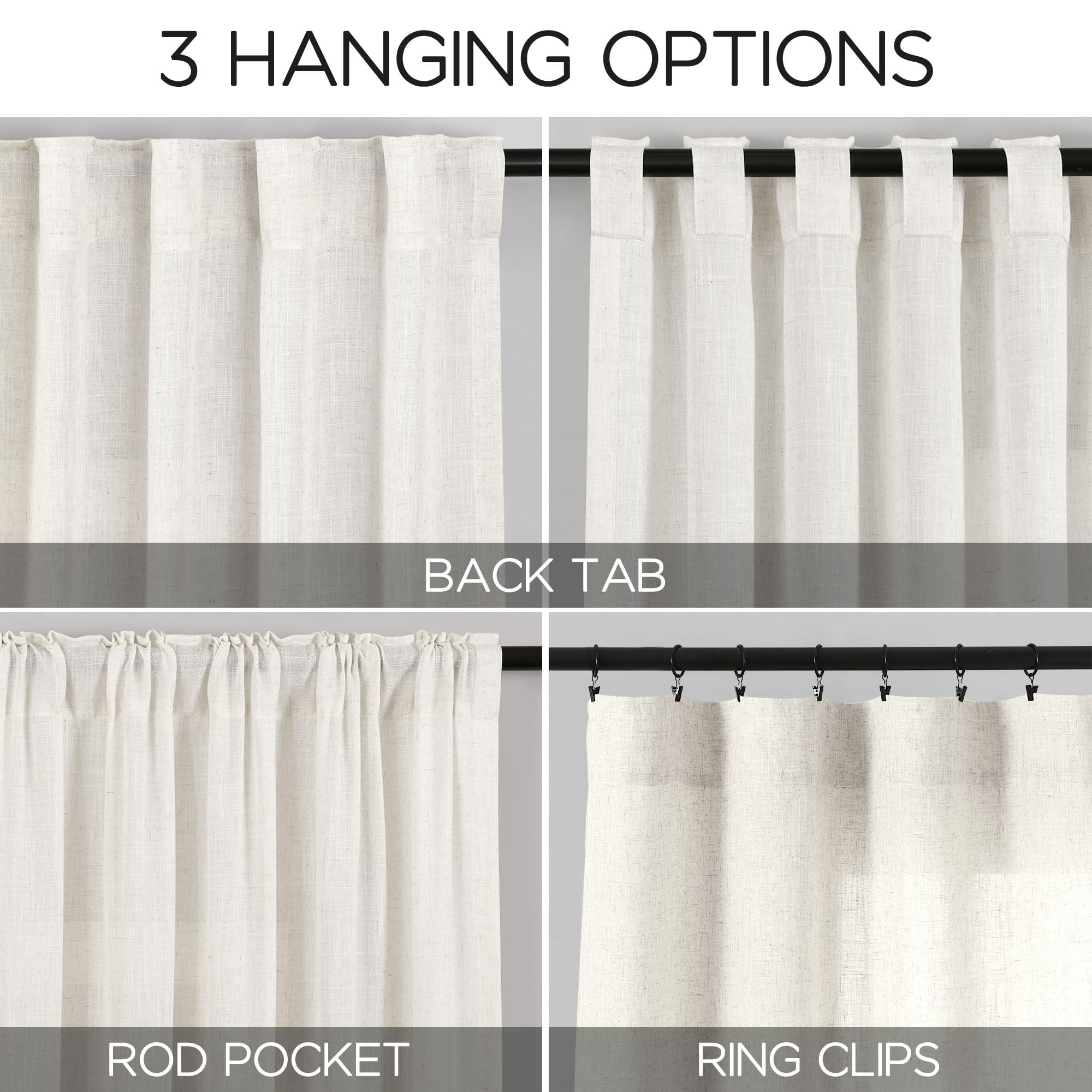Extra Long Beige White Linen Curtains 132 Inch for Living Room 2 Panels Set Rod Pocket Back Tab Light Filtering Semi Sheer Curtain Privacy Floor to Ceiling High Ceiling Drapes for Farmhouse 52x132