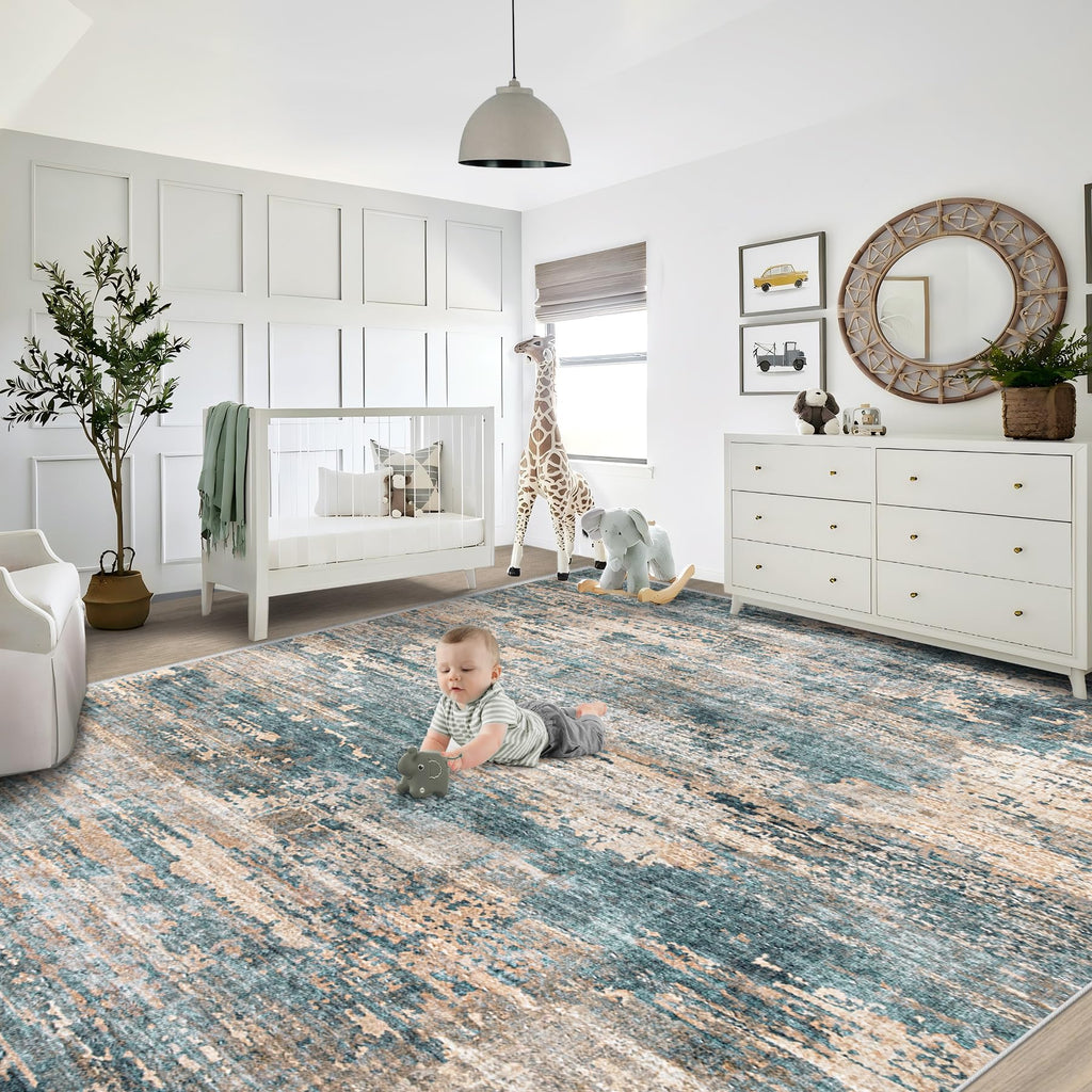 XLUEZ 9x12 Area Rug for Living Room, Washable Modern Abstract Large Area Rug Neutral Soft Non Slip Kids Rug Stain Resistant Indoor Carpet for Bedroom Dining Room Playroom Office(GreenBrown, 9'x12')