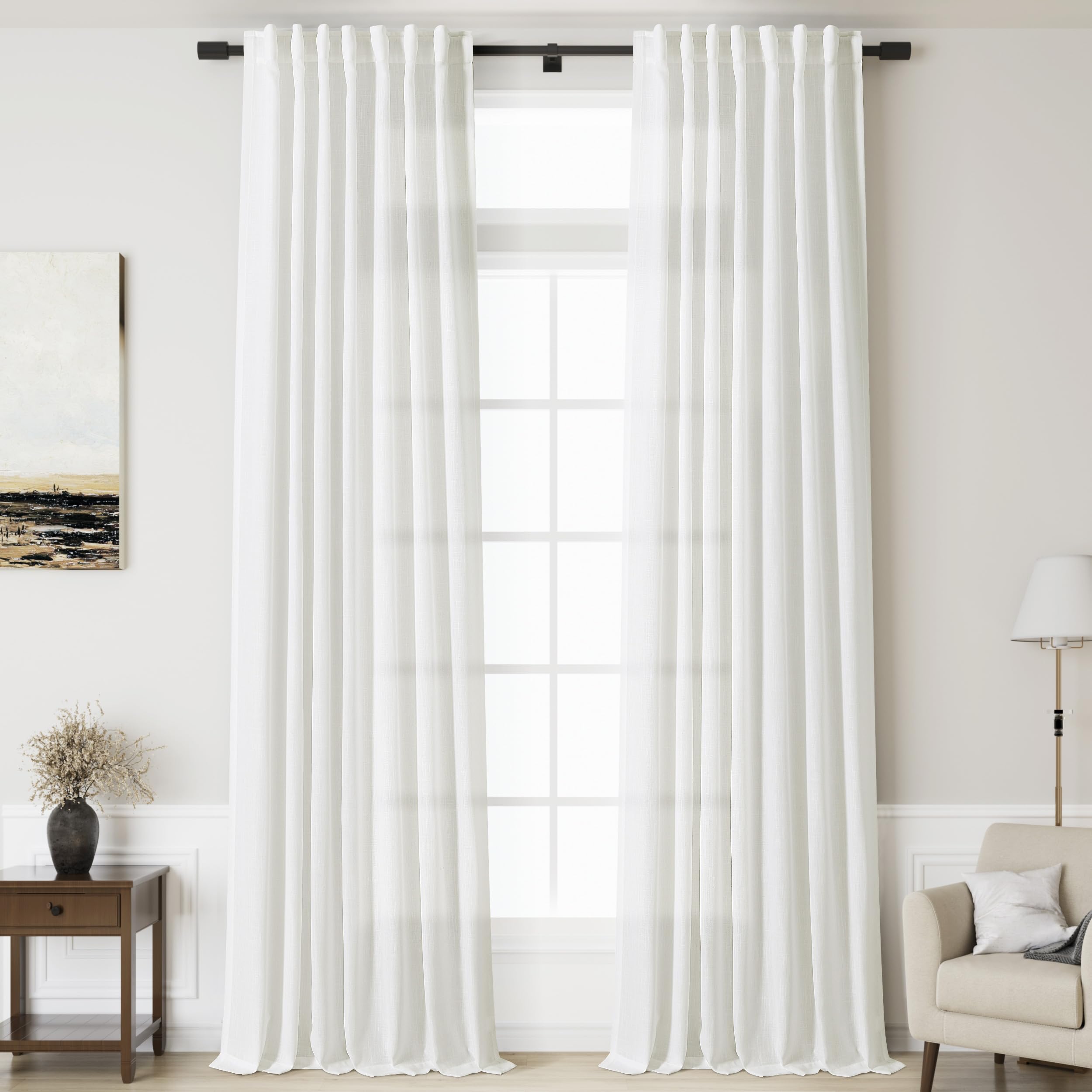 Linen Off White Curtains 145 inch Extra Long for Living Room Back Tab Light Filtering Sheer Drapes Modern Farmhouse Coastal Decor Cotton Textured Curtain for Floor to Ceiling High Window 52x145