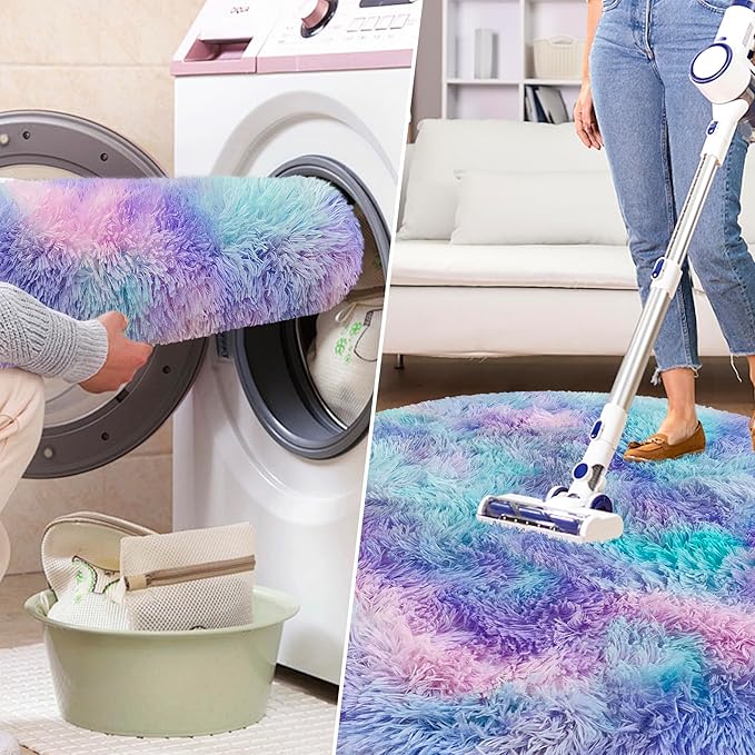4x4 ft Tie Dye Rainbow Round Rug for Bedroom Room Fluffy Circle Rug Furry Carpet Shaggy Circular Fuzzy Washable Non-Slip Large Area Rug Soft Indoor for Living Room Cute Aesthetic Home Decor