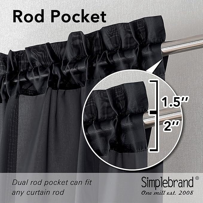 Simplebrand Black Sheer Curtains 90 Inches Long, Light Filtering Rod Pocket Solid Color Window Sheer Curtain Panels, Elegant Curtains & Drapes for Living Room, Bedroom 2 Panels (Black, 59" W x 90" L)
