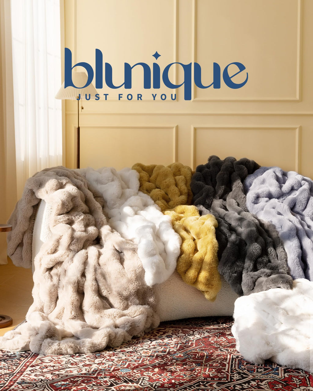 blunique Ultra Soft Cozy Faux Fur Throw Blanket, Fuzzy Plush Thick Bubble Blanket, Oversize Luxury Fluffy Blanket for Couch, Sofa, Bedroom, and Living Room,50x60 Inches, Dark Yellow