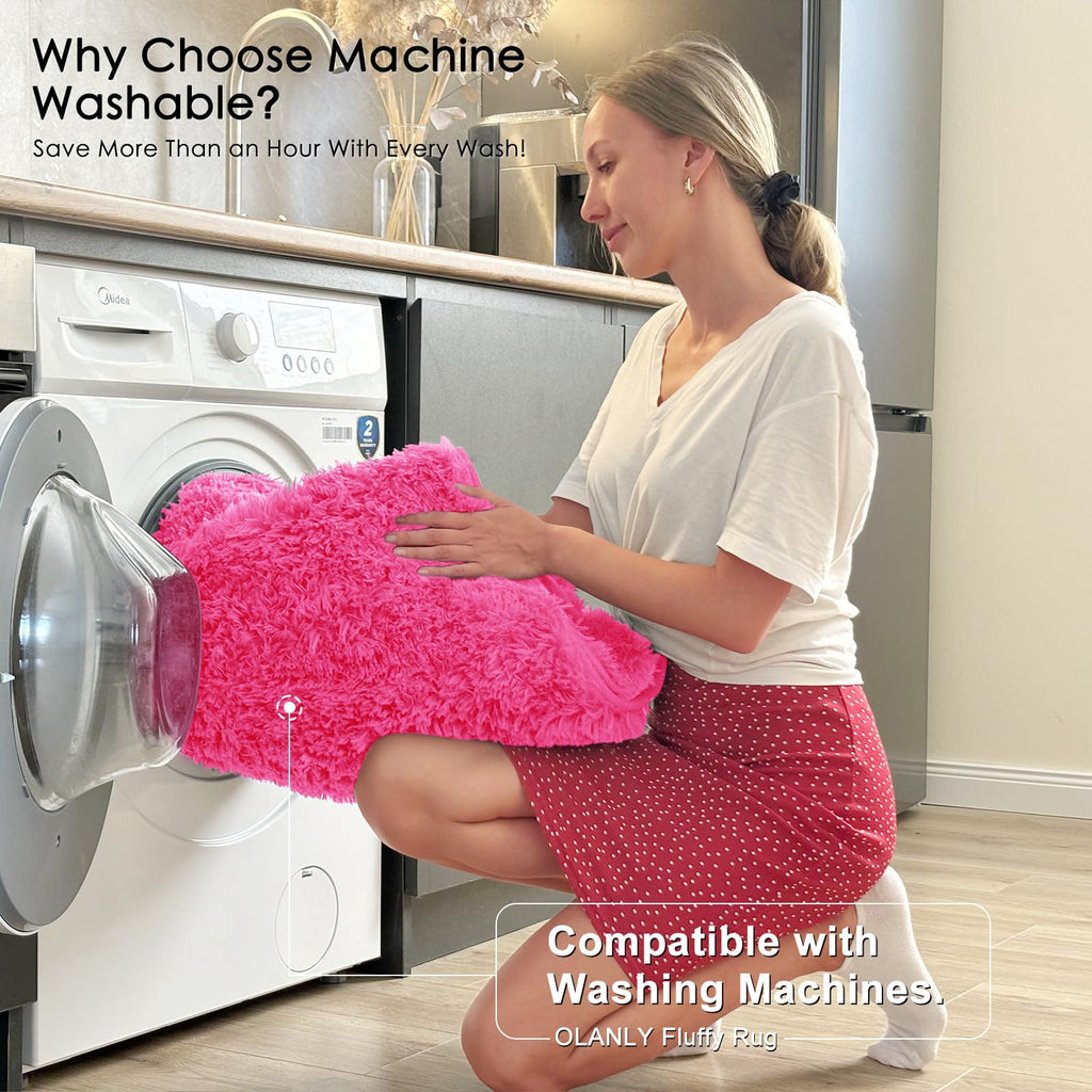 OLANLY 3x5 Machine Washable Small Bedside Rug, Soft Fluffy Shaggy Rugs for Living Room, Bedroom, Indoor Floor Carpet for Kids Girls and Boys, Preppy Dorms, Nursery, Home Decor Aesthetic, Hot Pink