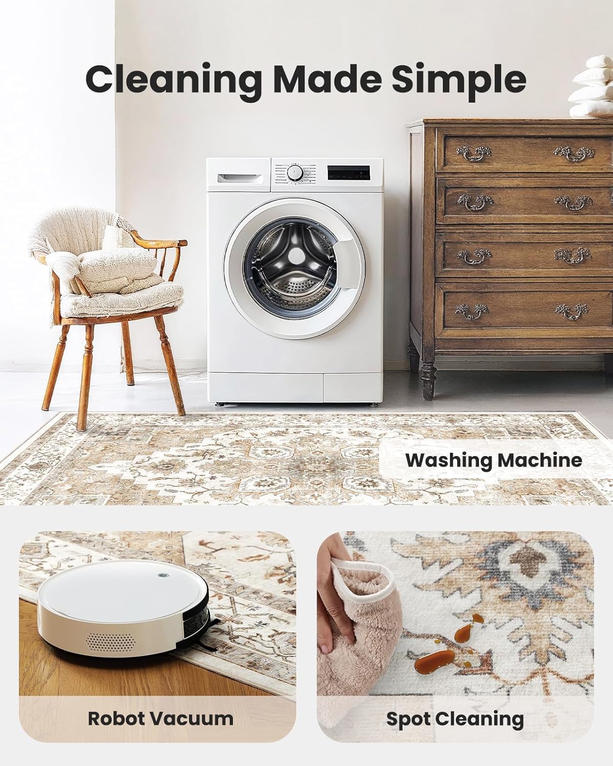 AMADA HOMEFURNISHING 10x14 Washable Area Rug, Low-Profile Large Area Rug with Non-Slip Backing & Durable Edge Binding, Vintage Large Rugs for Living Room, Bedroom & Dinning Room