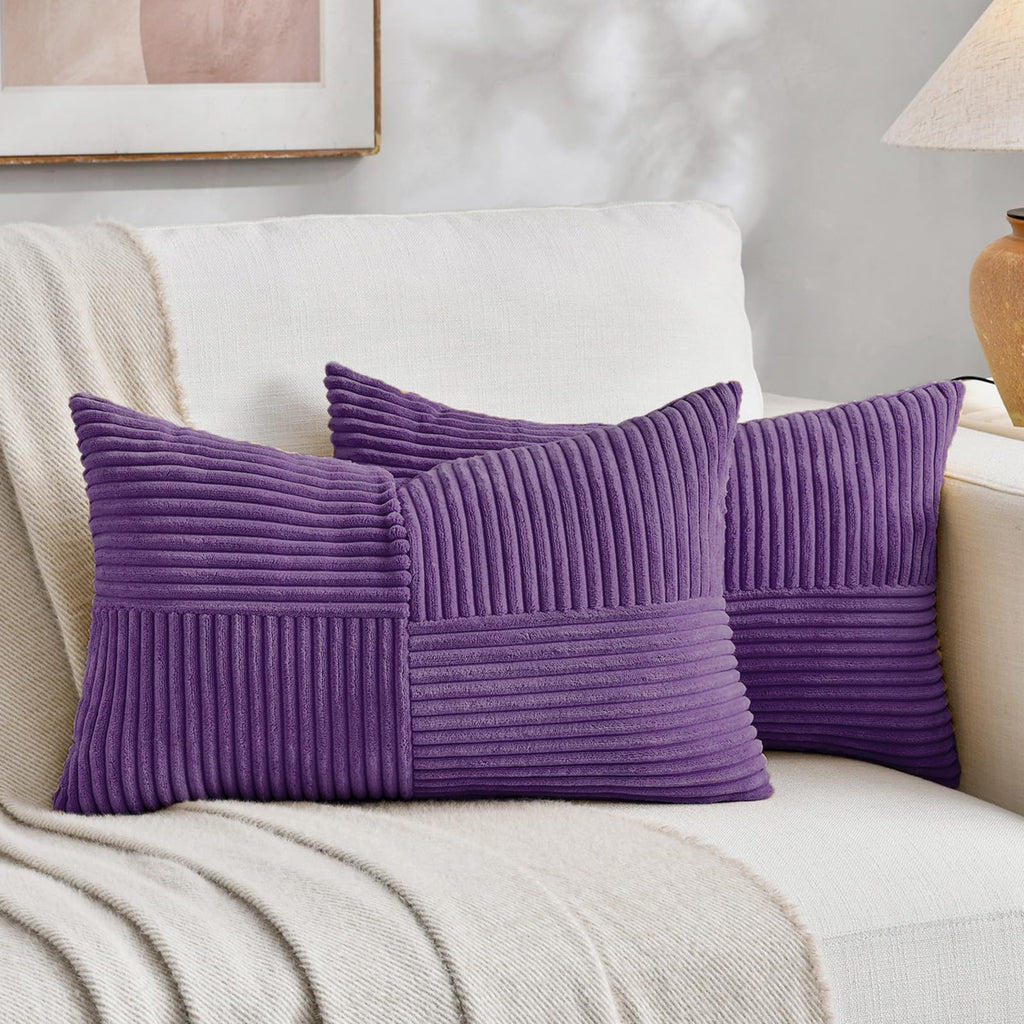 Fancy Homi 2 Packs Purple Long Lumbar Decorative Throw Pillow Covers 16x24 Inch for Living Room Couch Bed, Farmhouse Boho Home Decor, Soft Striped Corduroy Rectangle Accent Cushion Case 40x60 cm