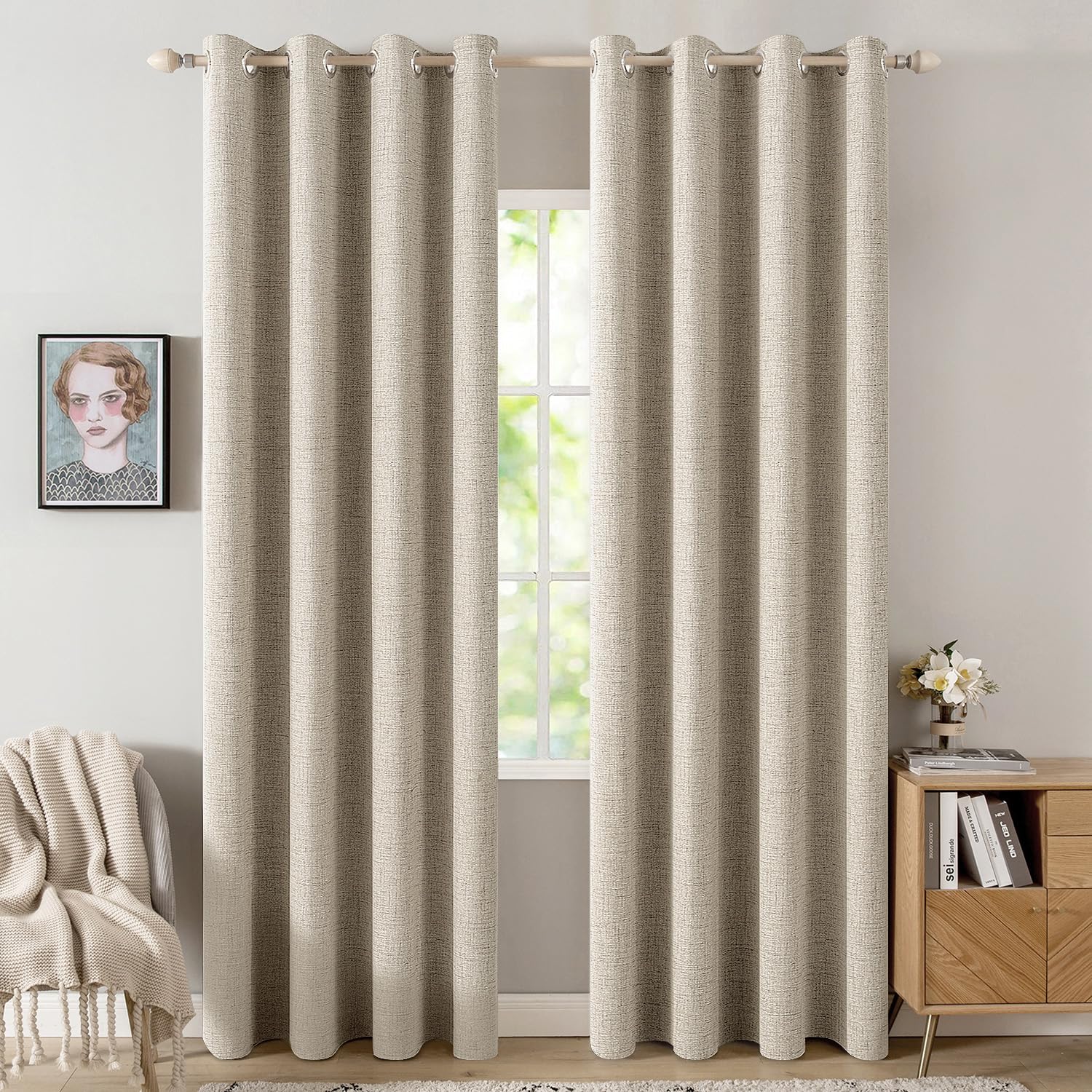 MIULEE 100% Blackout Linen Curtains for Bedroom 52x108 Inches Stone