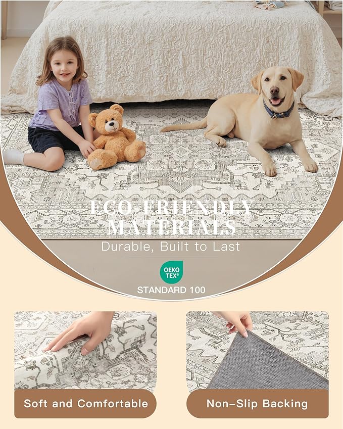 Madane Hallway Runner Rug 3x16 - Vintage Non Slip Washable 16ft Kitchen Runner for Entrance Soft Long Carpet Runners for Living Room Bathroom Low Pile Floor Mat for Bedroom Dining Room, Beige/Brown