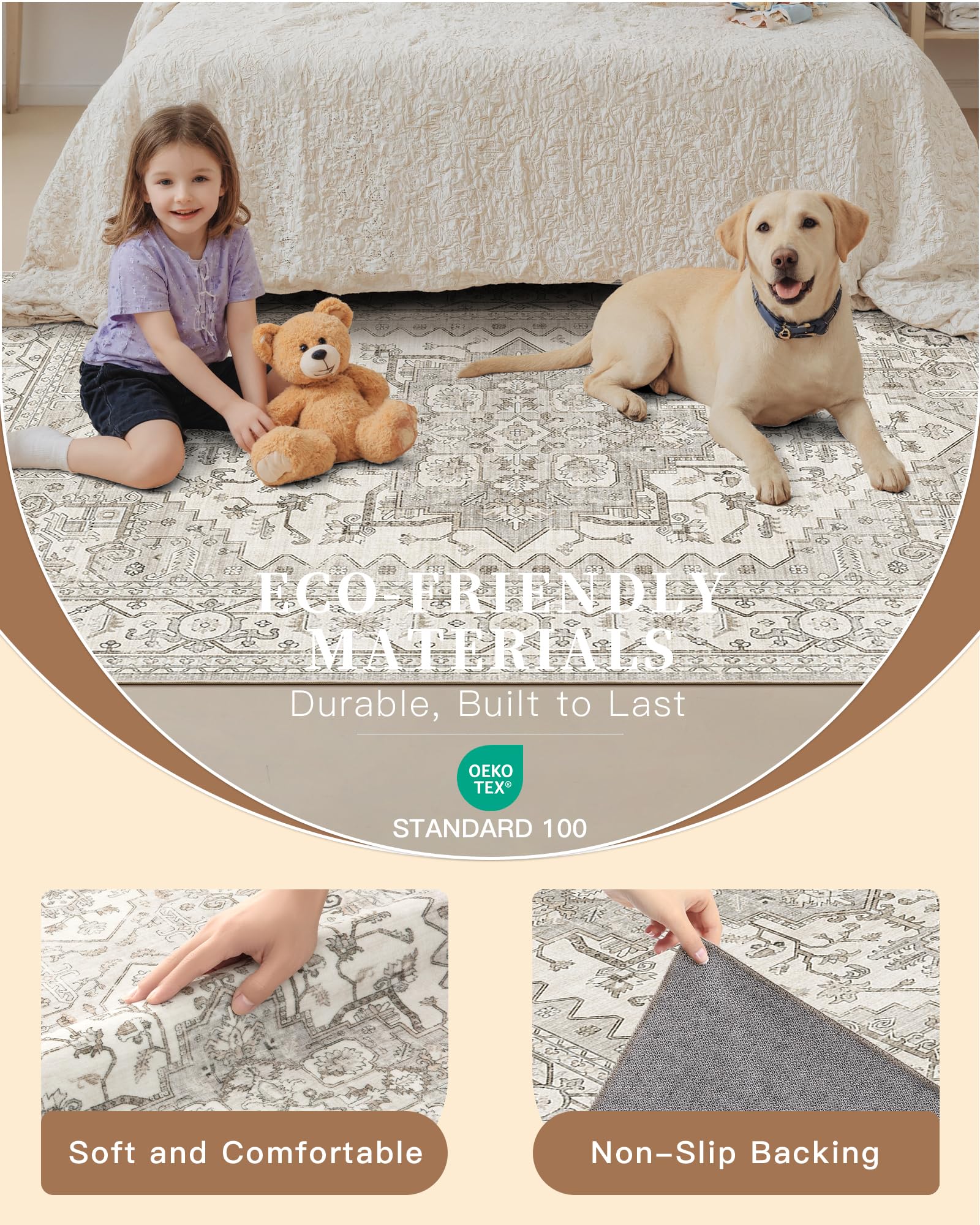 Madane 8x10 Area Rugs for Living Room, Non-Slip Washable Rug, Beige/Brown