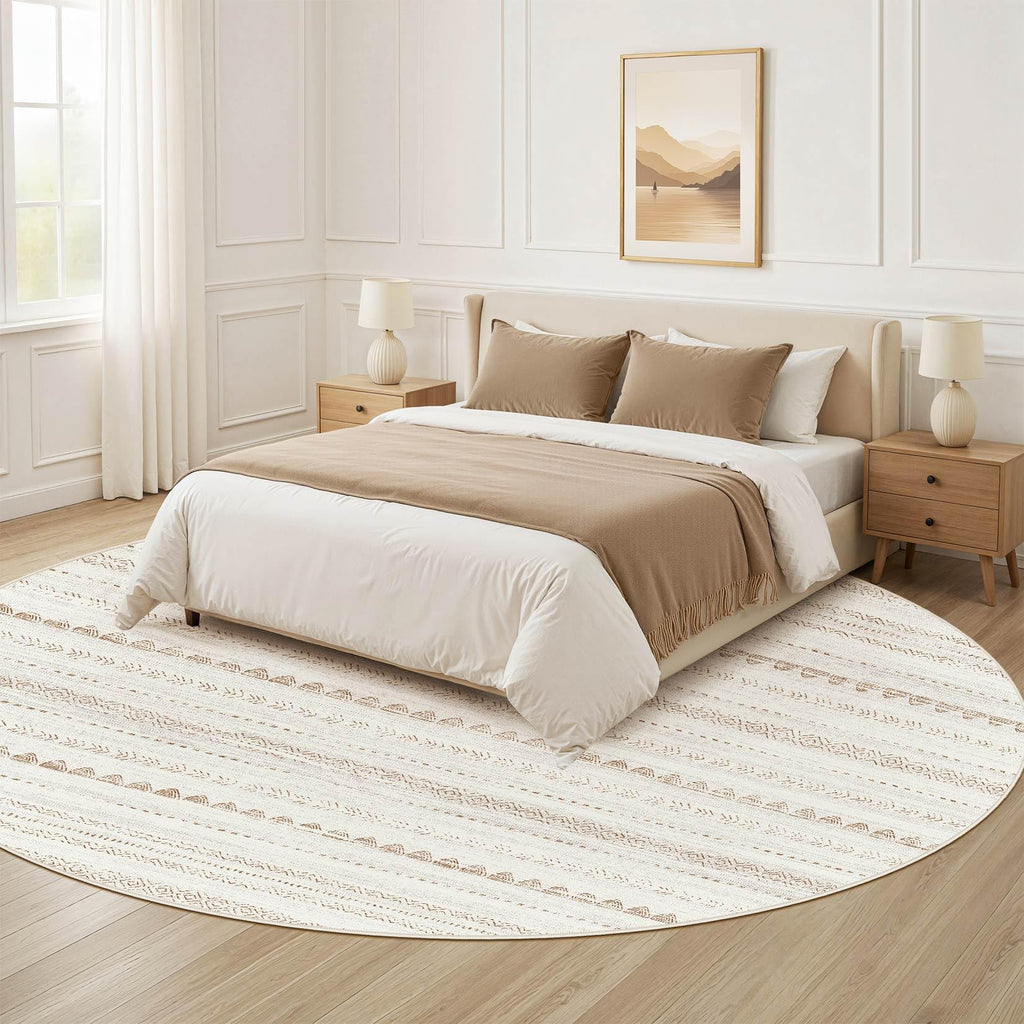 Nakagishi Round Rug Boho Area Rugs: 4x4 Washable Large Circle Neutral Soft Stain Resistant Non-Slip Carpet for Women Aged 25-45 Farmhouse Decor Enthusiasts - Living Room Bedroom Dining Room Nursery