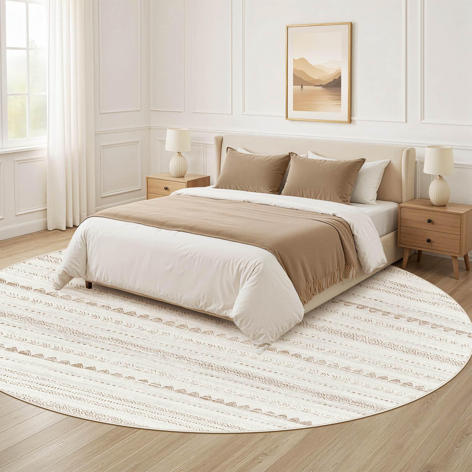 Nakagishi Round Rug Boho Area Rugs: 8x8 Washable Large Circle Neutral Soft Stain Resistant Non-Slip Carpet for Women Aged 25-45 Farmhouse Decor Enthusiasts - Living Room Bedroom Dining Room Nursery