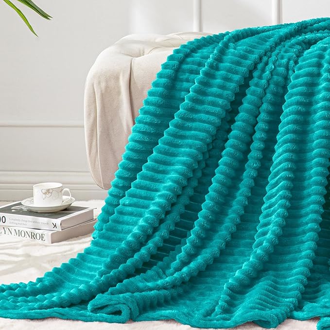 BEDELITE Ribbed Jacquard Ocean Blue Fleece Twin Blanket for Bed, 60x80 Inch