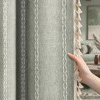 Boho Blackout Curtains 72 Inches Long Sage Green Linen Blend 2 Panels with Tassels and Cotton Embroidery, Farmhouse Vintage Rustic Rod Pocket Drapes for Living Room or Bedroom