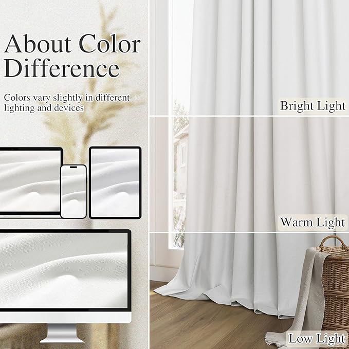 Guken White 100% Blackout Linen Curtains 52 Inch Wide by 106 Inch for Living Room Bedroom Back Tab/Rod Pocket Thermal Insulated Black Out Linen 2 Drapes Room Darkening Window Curtains