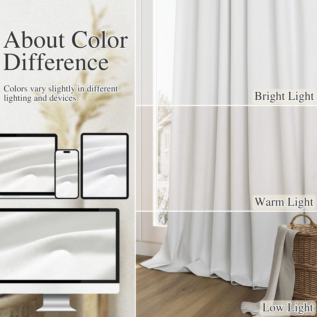 Guken White 100% Blackout Linen Curtains 90 Inch Length 2 Panels Set for Living Room Bedroom Back Tab Thermal Insulated Black Out Drapes Room Darkening Farmhouse Window Curtains 90 Inches Long
