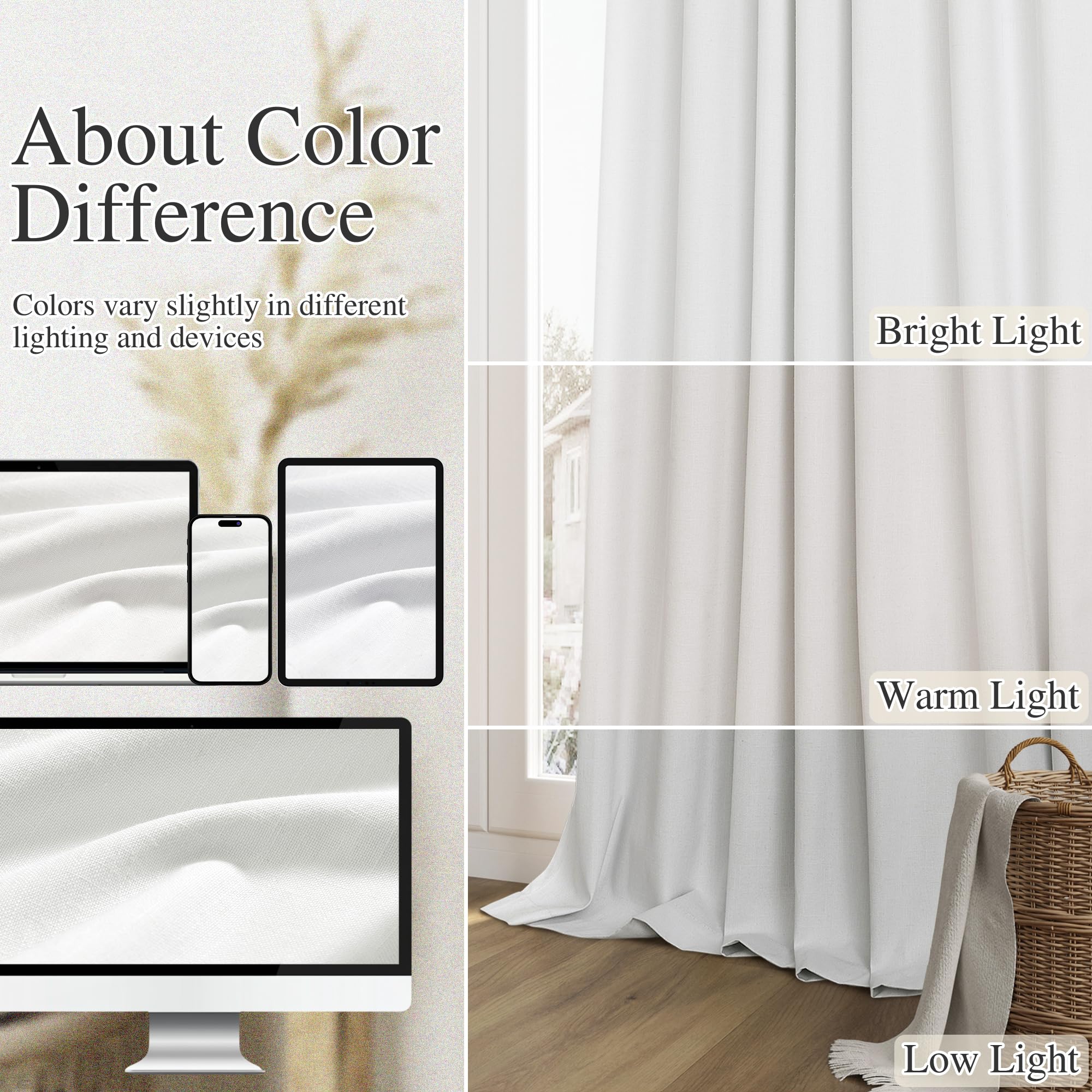 Guken White 100% Blackout Curtains 105 Inch Length 2 Panels Set for Living Room Bedroom Back Tab Thermal Insulated Black Out Drapes Room Darkening Window Curtains 52x105